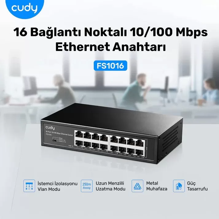 CUDY FS1016 16 PORT 10/100 YONETILEMEZ RACK MOUNT SWITCH METAL KASA