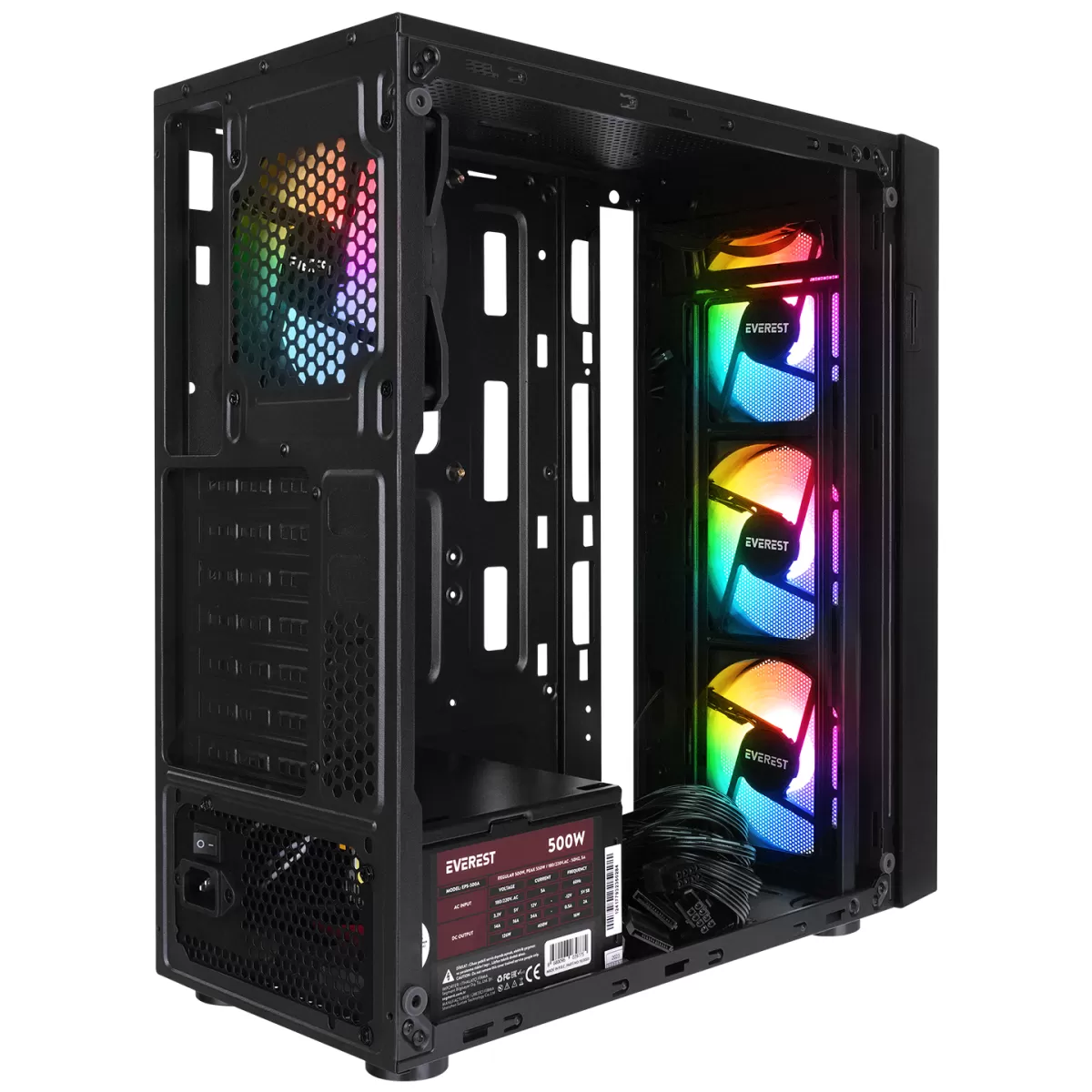 EVEREST FACED V3 MESH 500W 4x12CM RGB FAN ATX TEMPERED GLASS 2xUSB2.0/1xUSB3.0 SİYAH MID TOWER GAMİNG KASA