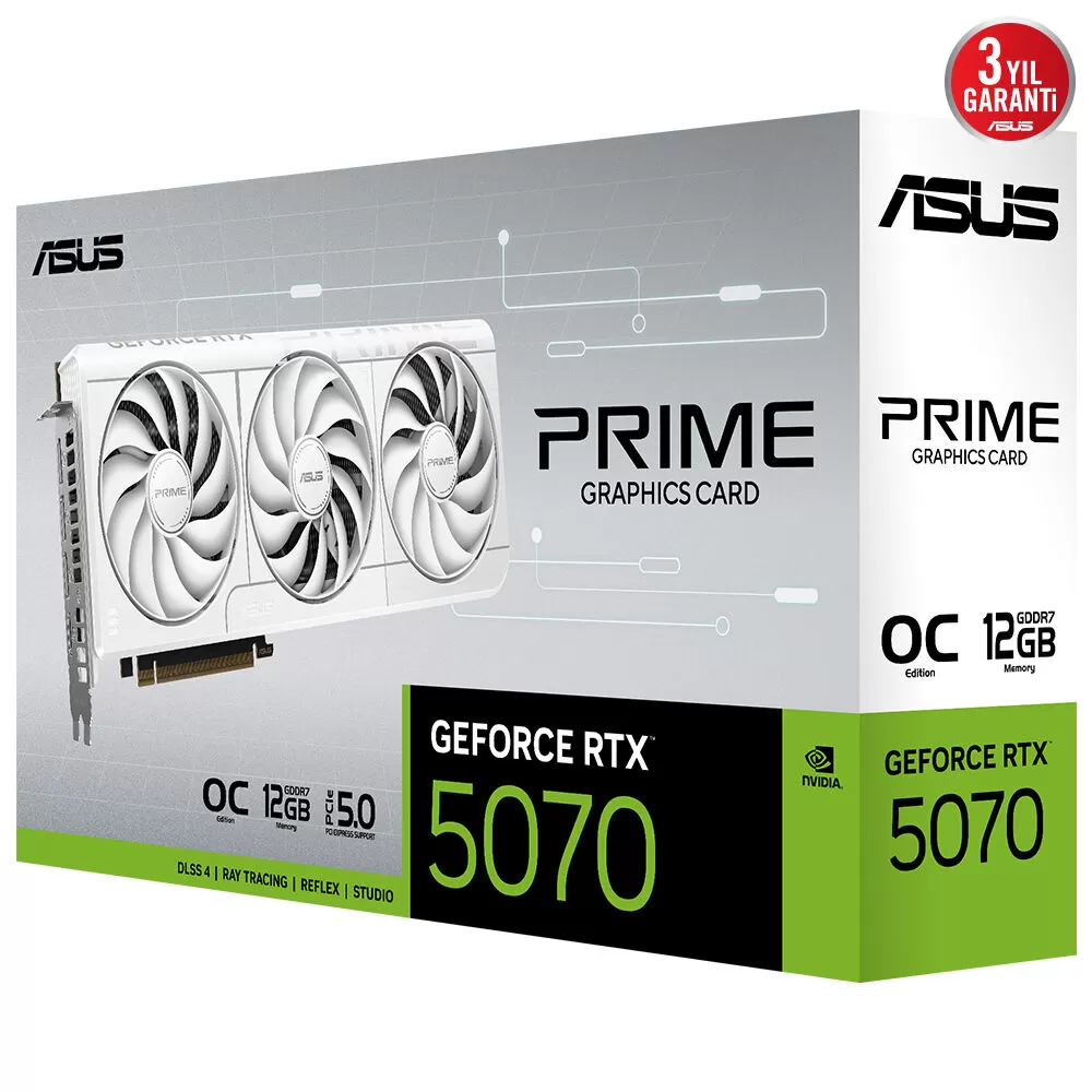 ASUS PRIME-RTX5070-O12G-WHITE NVIDIA-GEFORCE-RTX 5070-12GB GDDR7-192bit--OC-2xHDMI-3xDP-DLSS4 EKRAN KARTI