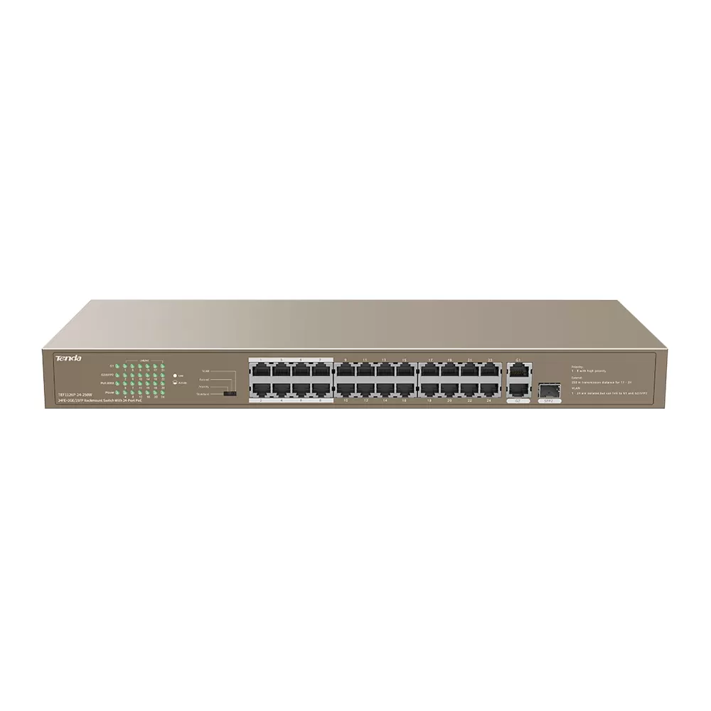 TENDA TEF1126P-24-250W 24 PORT 10/100 POE 2 PORT UPLINK + 1 SFP 250W YONETILEMEZ DESKTOP SWITCH