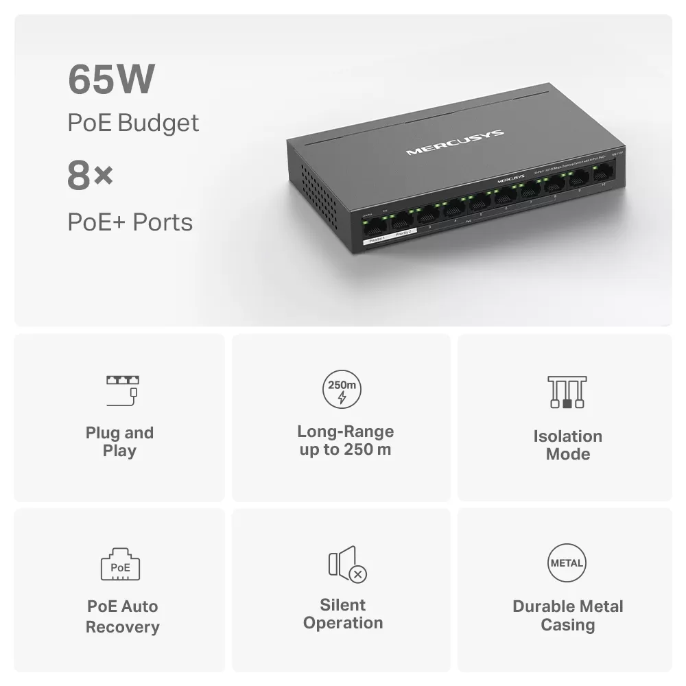 TP-LINK MERCUSYS MS110P 10 PORT 10/100 8 PORT POE+ YONETILEMEZ DESKTOP SWITCH METAL KASA