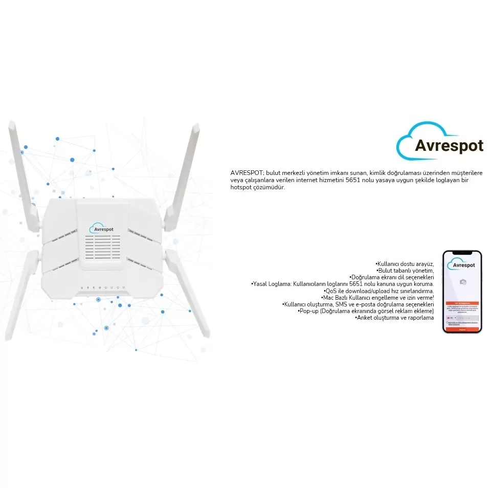 AVRESPOT BULUT HOTSPOT +5651 LOGLAMA 10,000 SMS + 100 KULLANICI 1YIL